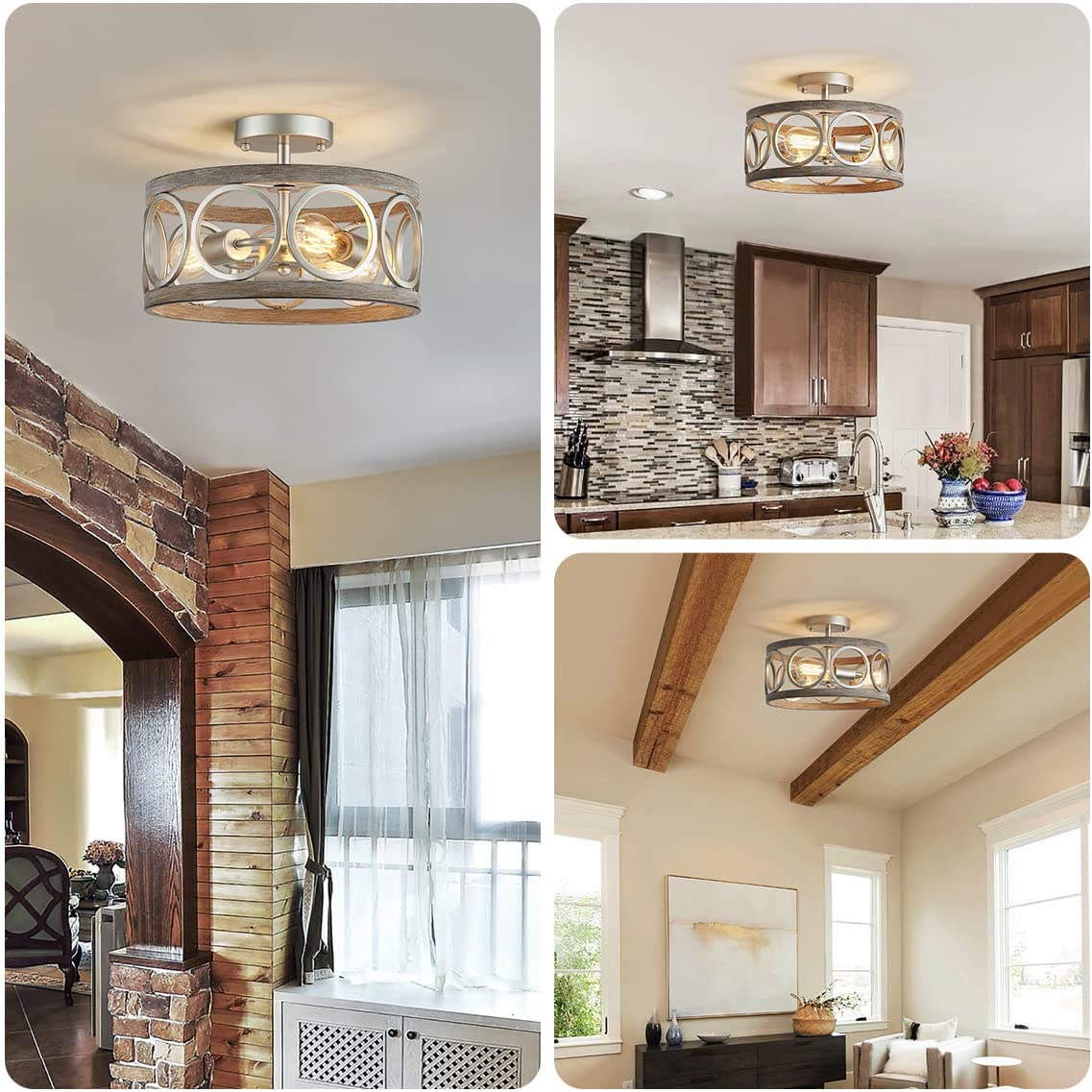 3 light semi flush mount ceiling lighting fixture antique wood grain drum lamp