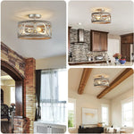 3 light semi flush mount ceiling lighting fixture antique wood grain drum lamp