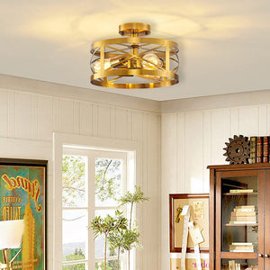 3 light modern semi flush mount ceiling light fixture round cage close to ceiling lamp with brass finish