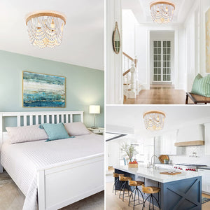 Wood beads Flush Mount Ceiling Light 3 light White Boho Light Fixture