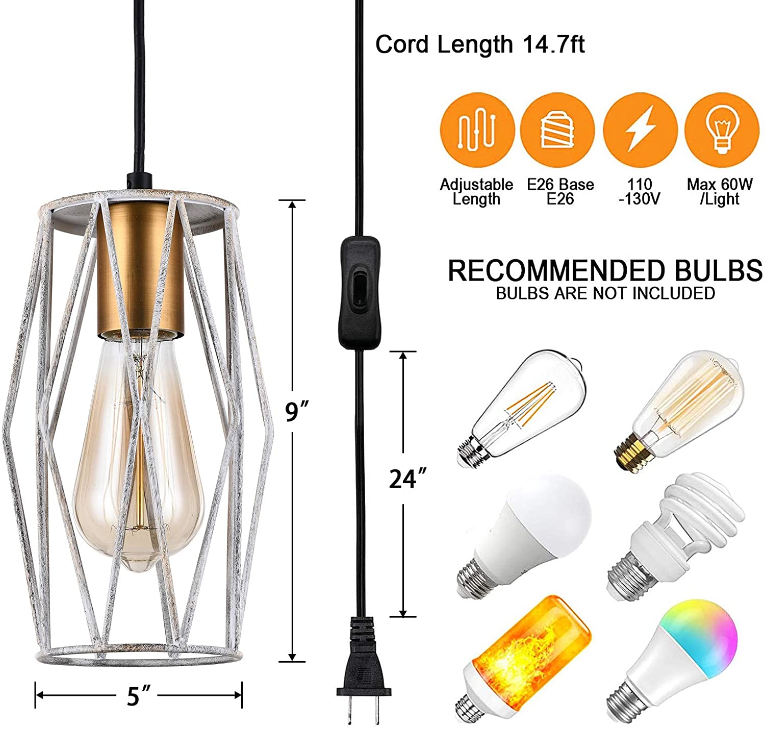 Vintage plug in hanging light fixture cage swag pendant light
