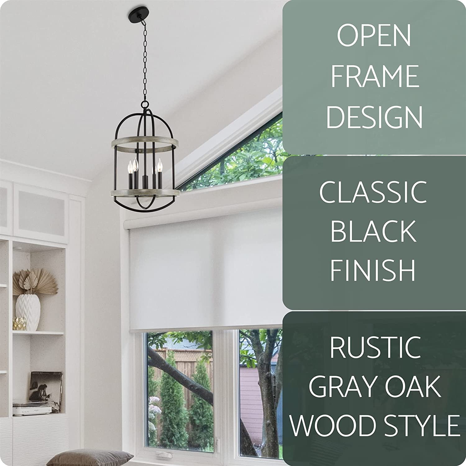 4 light lantern pendant light adjustable chandelier with wood style and black finish