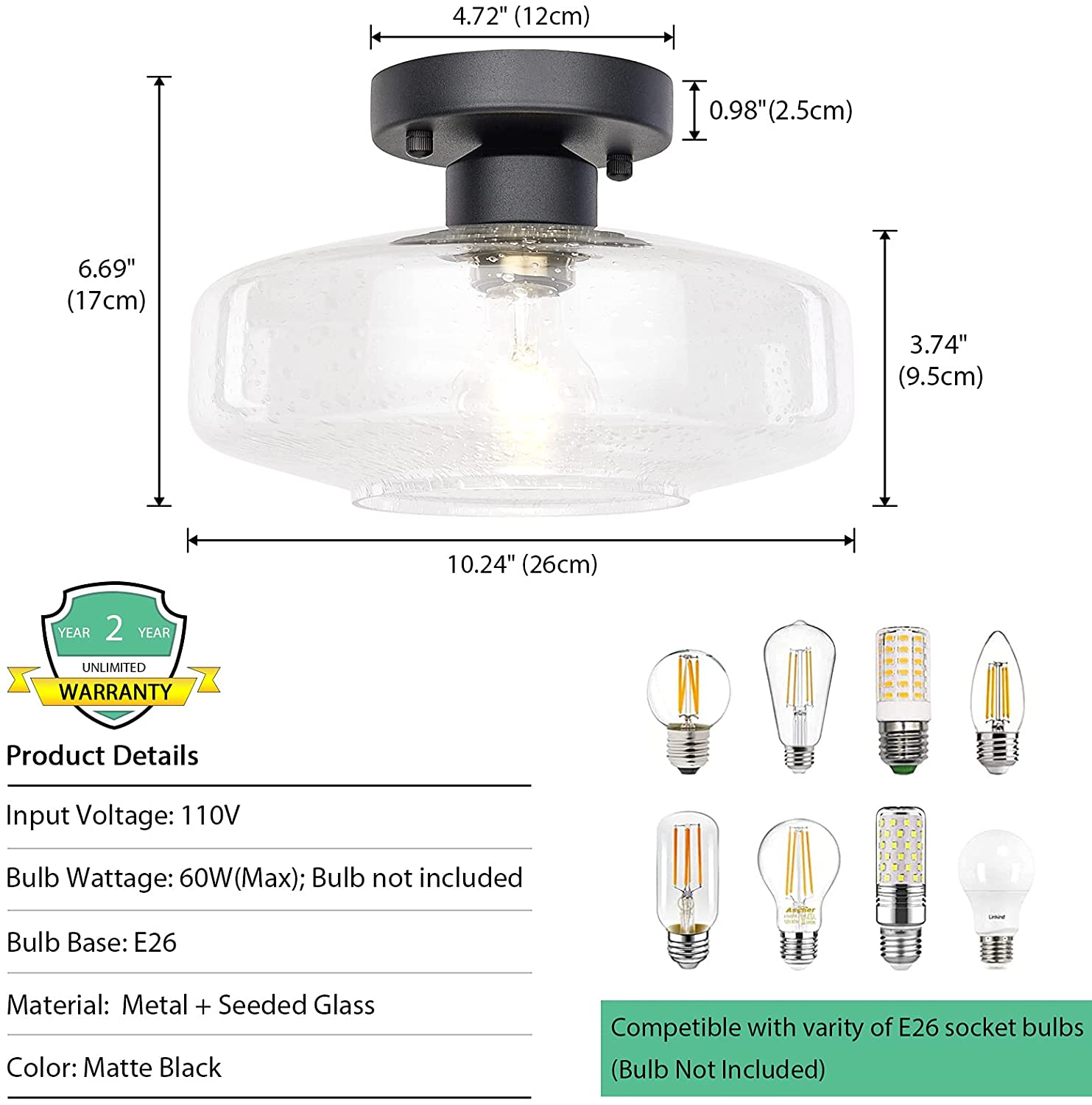 Farmhouse Semi Flush Mount Close to Ceiling Lights industrial black ceiling lighting fixture with glass shade