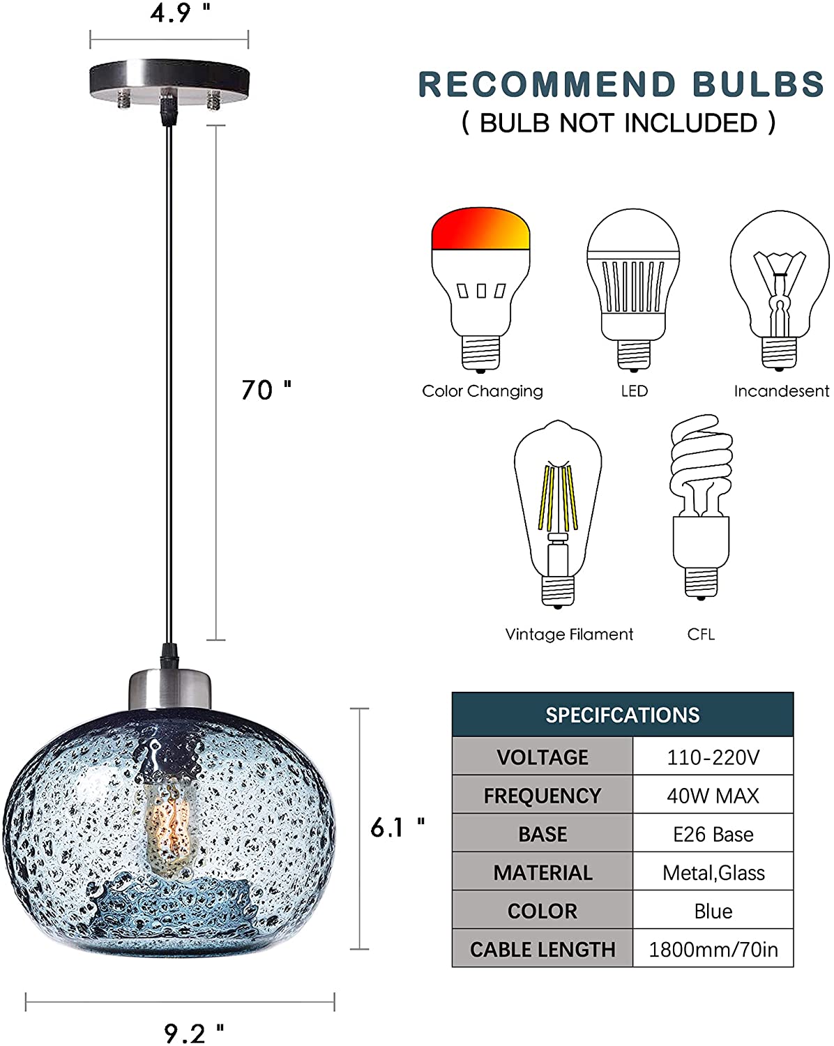 Blown glass pendant light fixture blue pendant lamp