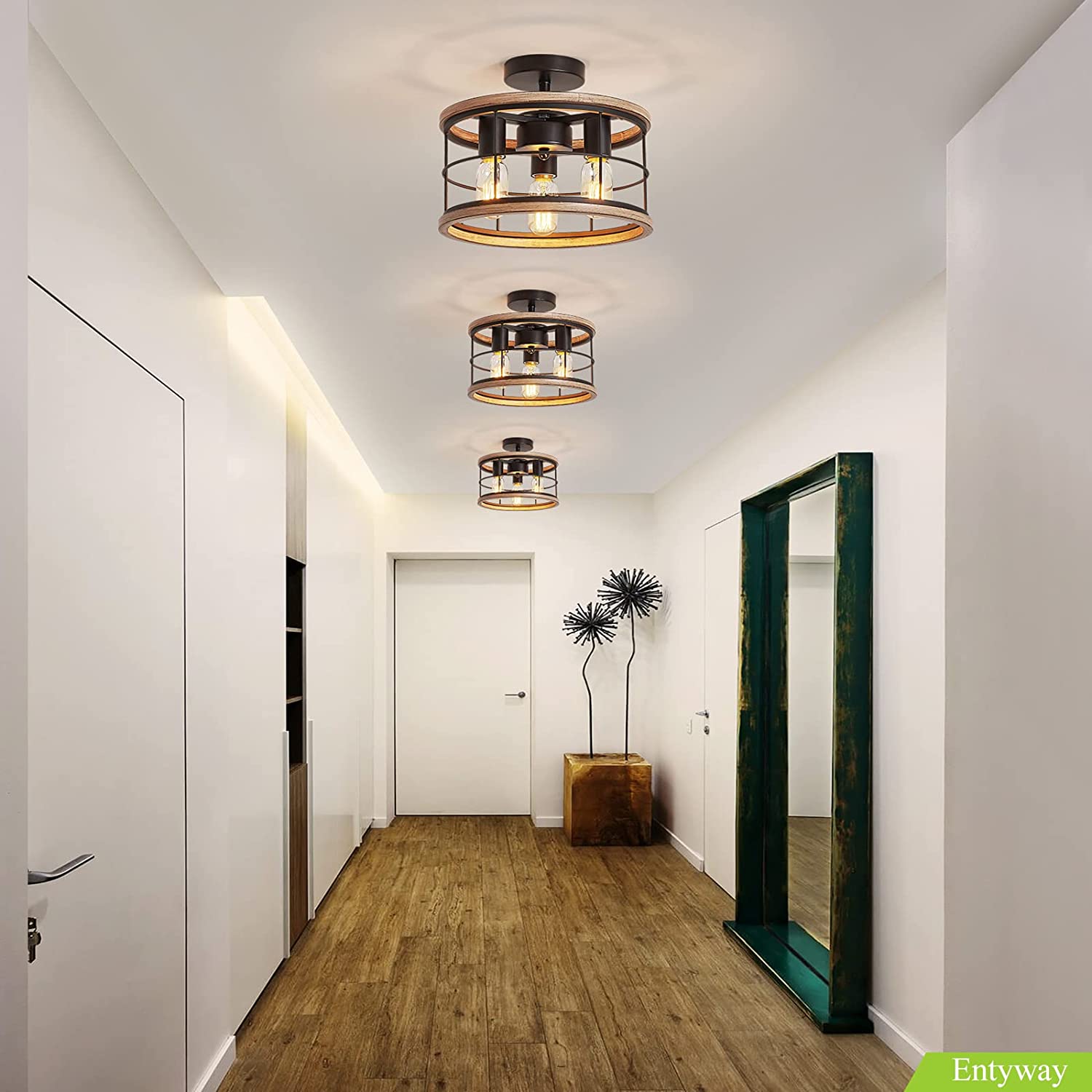 3 light industrial semi flush mount ceiling lamp vintage farmhouse wood cage ceiling light fixture