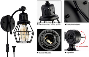 2 pack black plug in wall sconce industrial cage wall light fixture