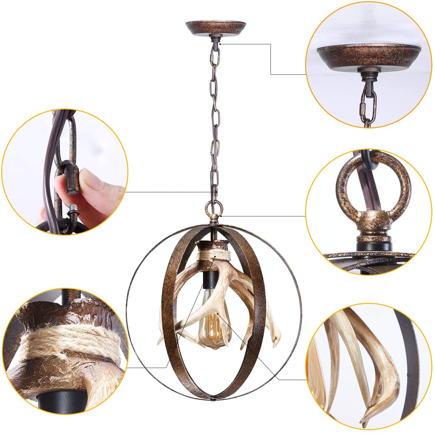 Globe Antler pendant light fixture vintage farmhouse chandelier