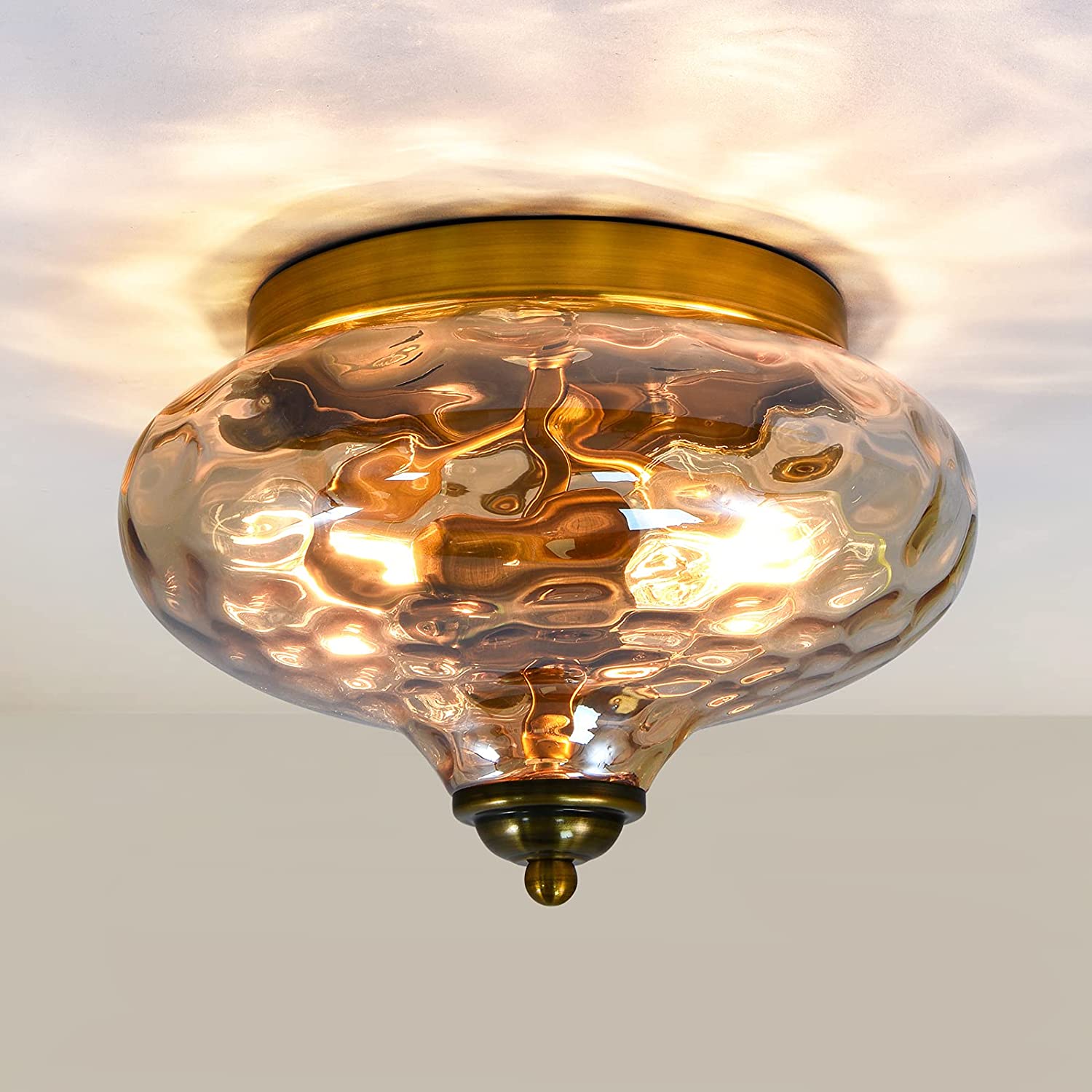 Antiqued Brass Glass Flush Mount Ceiling Light 2-Light