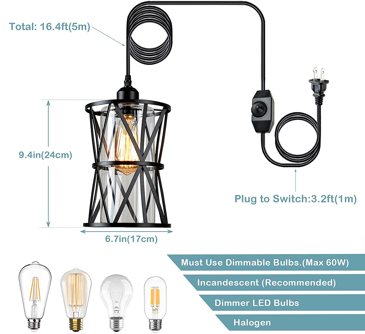 Industrial glass plug in cord on or off dimmer switch pendant light