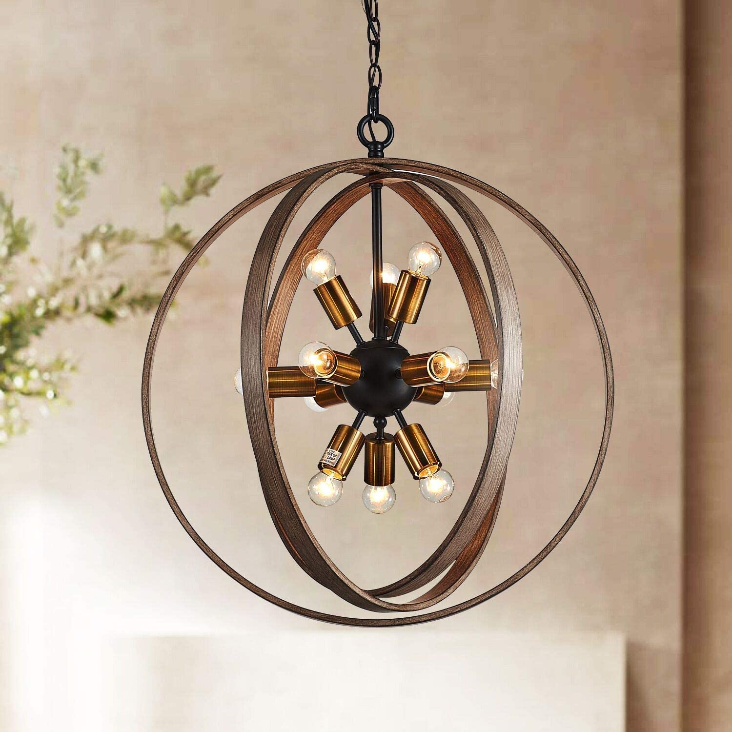 12 light globe chandelier antique farmhouse pendant lighting with oak and brass finish