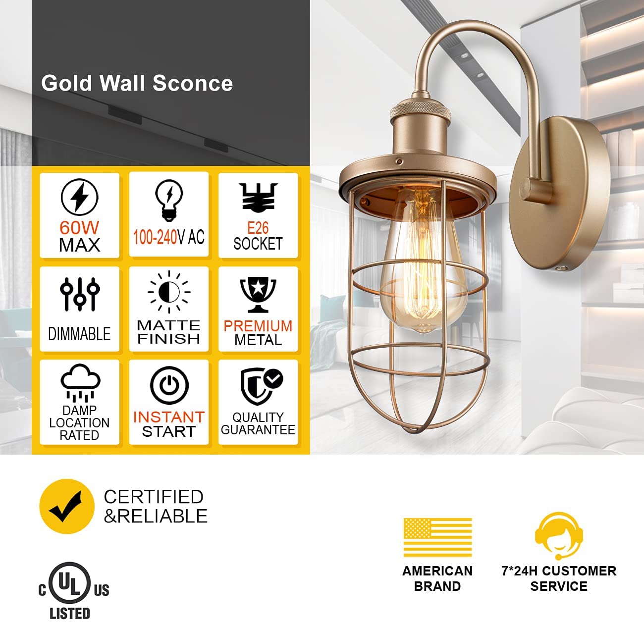 Arm gold wall sconce lighting farmhouse cage industral wall lamp