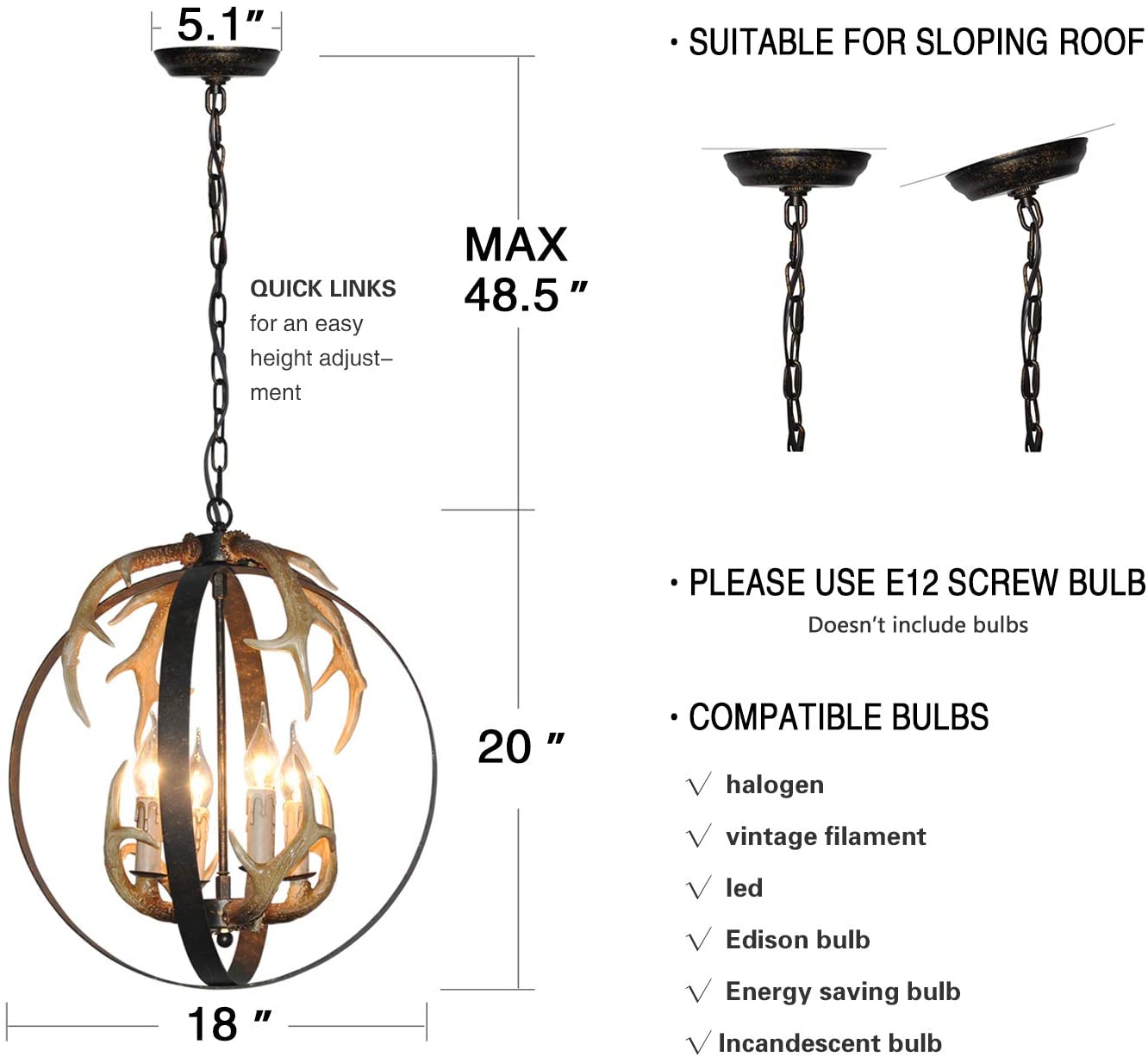 Globe antler light fixtures farmhouse black pendant lamp