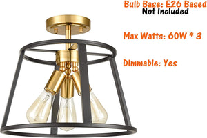 3 light semi flush mount ceiling light cage ceiling lamp with brass and black finish