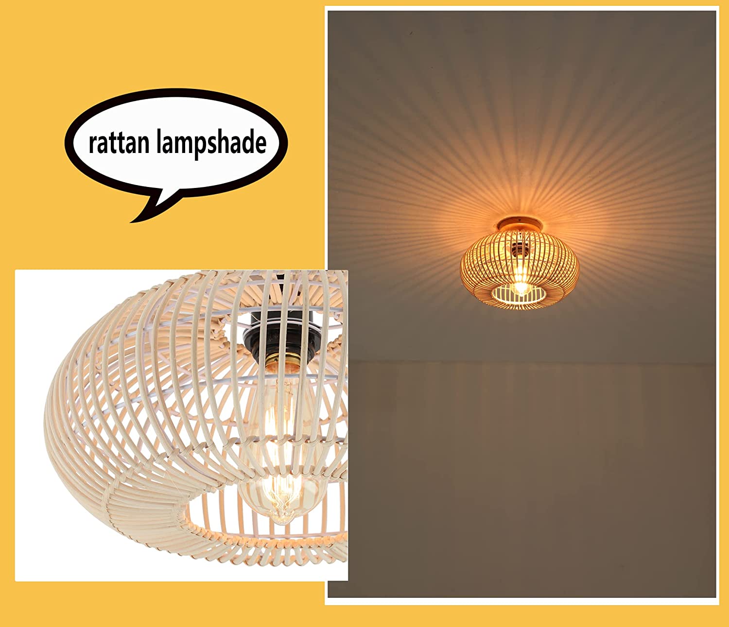 Rattan semi flush mount ceiling light farmhouse case ceiling lamp