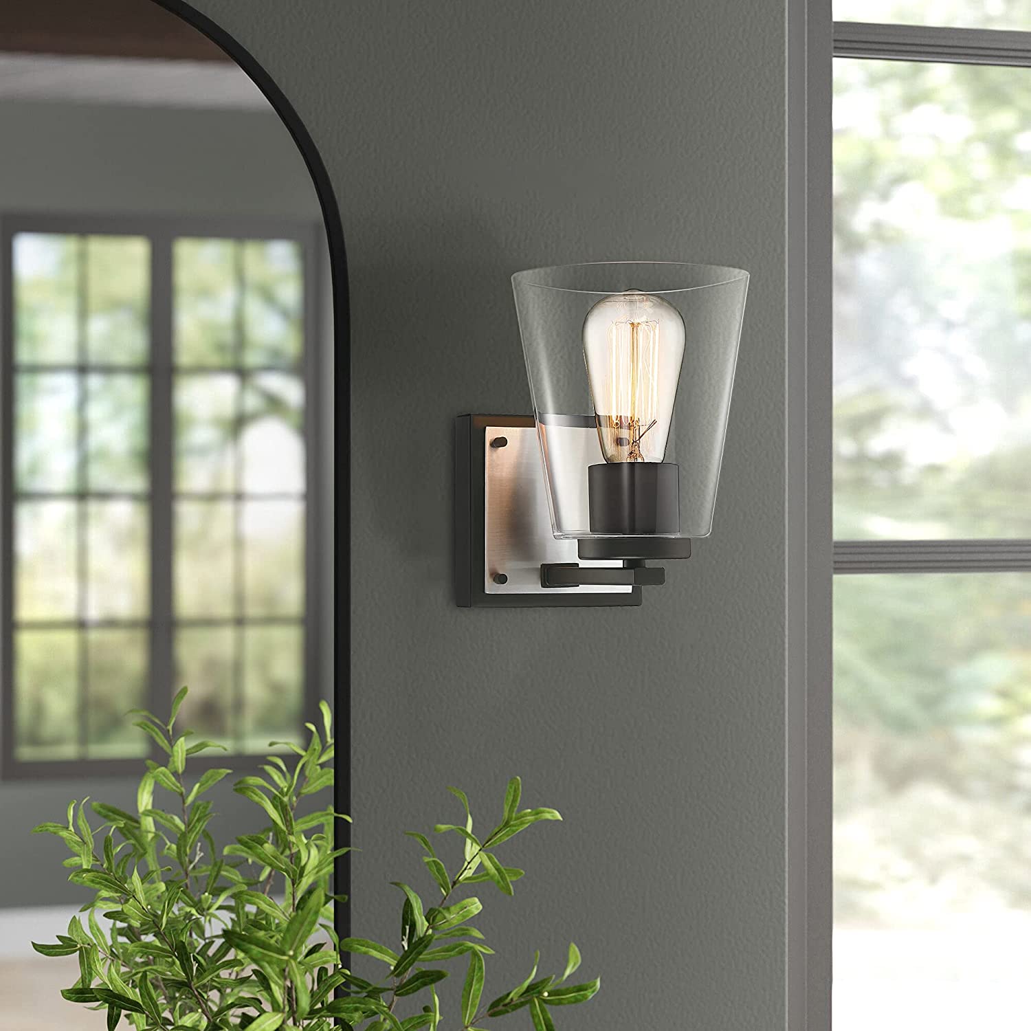 Modern wall mount light fixture indoor black glass wall sconce with nickel finish