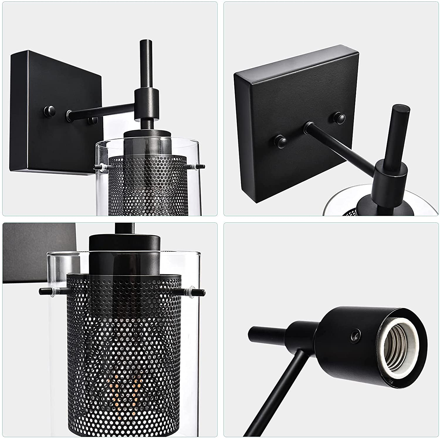Industrial black vanity light metal mesh wall sconce with glass shade