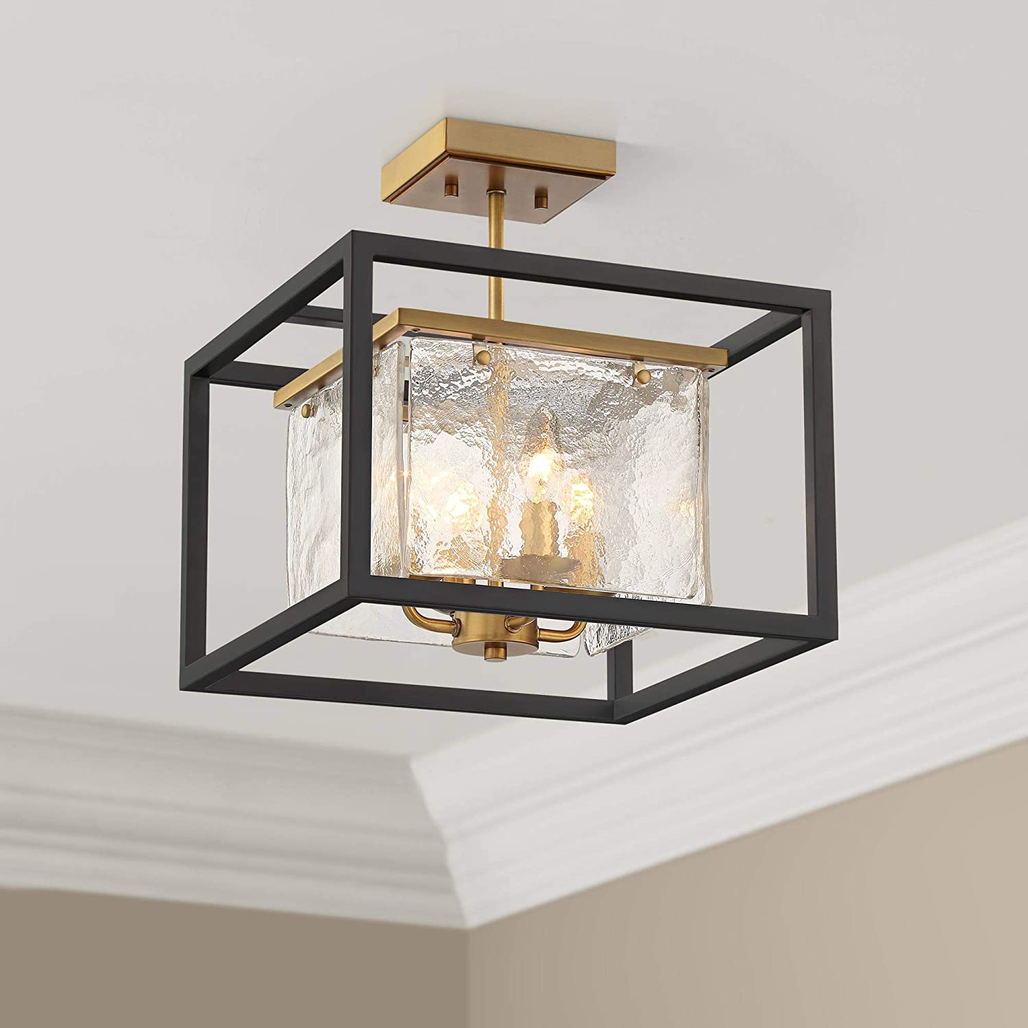 Contemporary modern ceiling light semi-flush mount fixture black squrae cage glass ceiling lamp