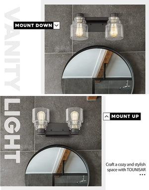 2-Light Bathroom Vanity Light Fixtures black industrial wall sconce with seeded glass