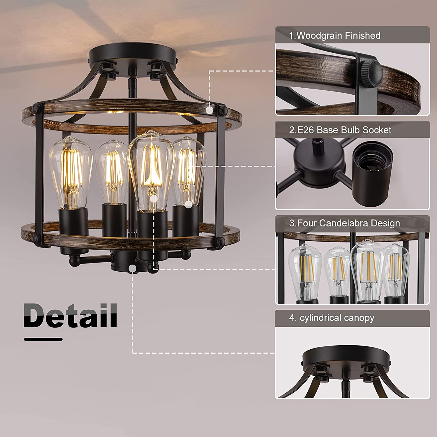 4-Light industry farmhouse Light Fixture industrial rustic semi flush mount lighting
