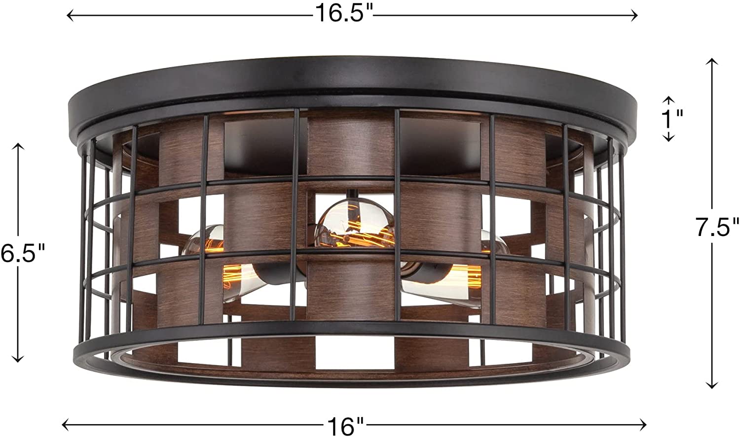3 light vintage home flush mount fixture black frame ceiling light with wood style finish