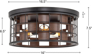 3 light vintage home flush mount fixture black frame ceiling light with wood style finish