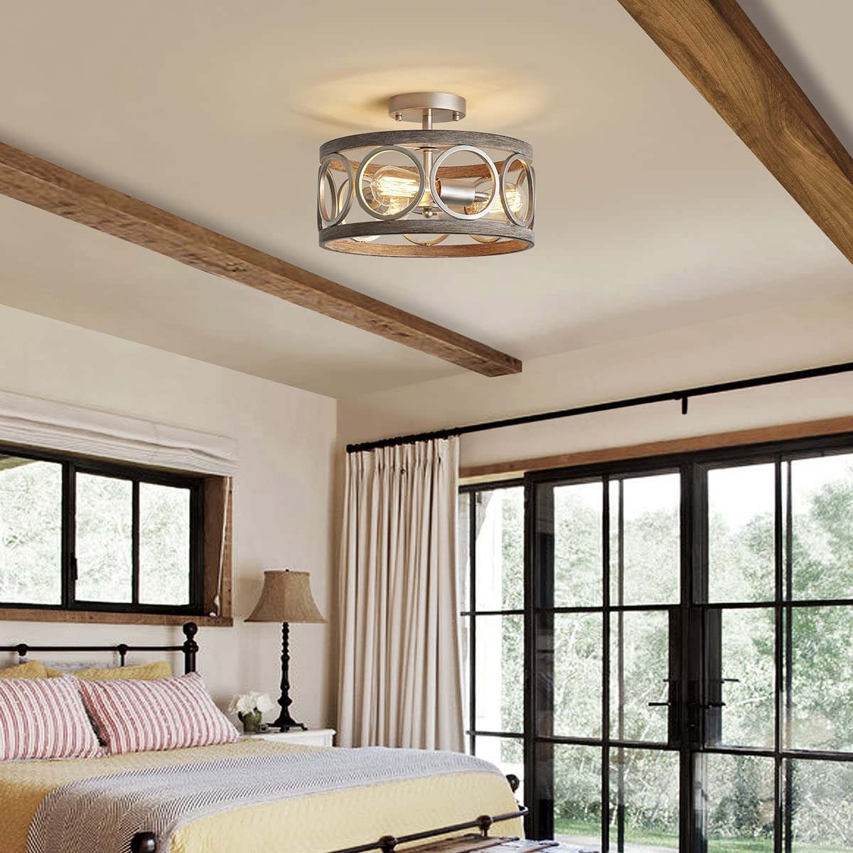 3 light semi flush mount ceiling lighting fixture antique wood grain drum lamp