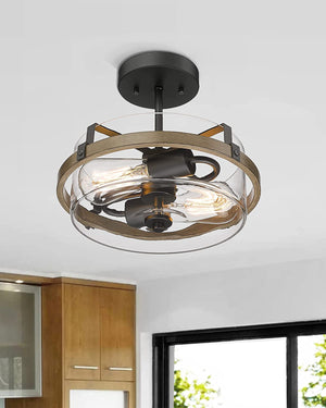 2 light industrial semi flush mount lamp glass black ceiling lighting fixture