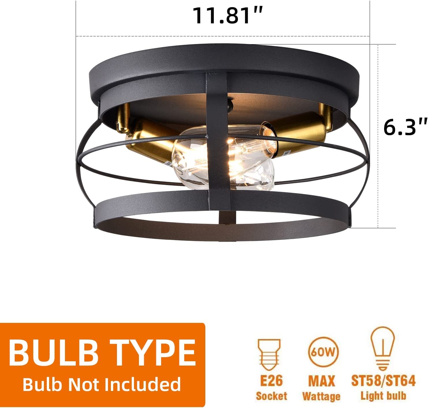 2 light industrial flush mout light fixture farmhouse black ceiling lamp