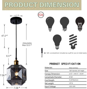 Modern Smokey Pendant Light Fixture Adjustable Black Hanging Light