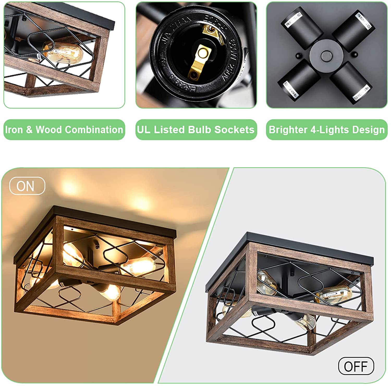 4 light square ceiling light fixture industrial wood cage flush mount ceiling lamp