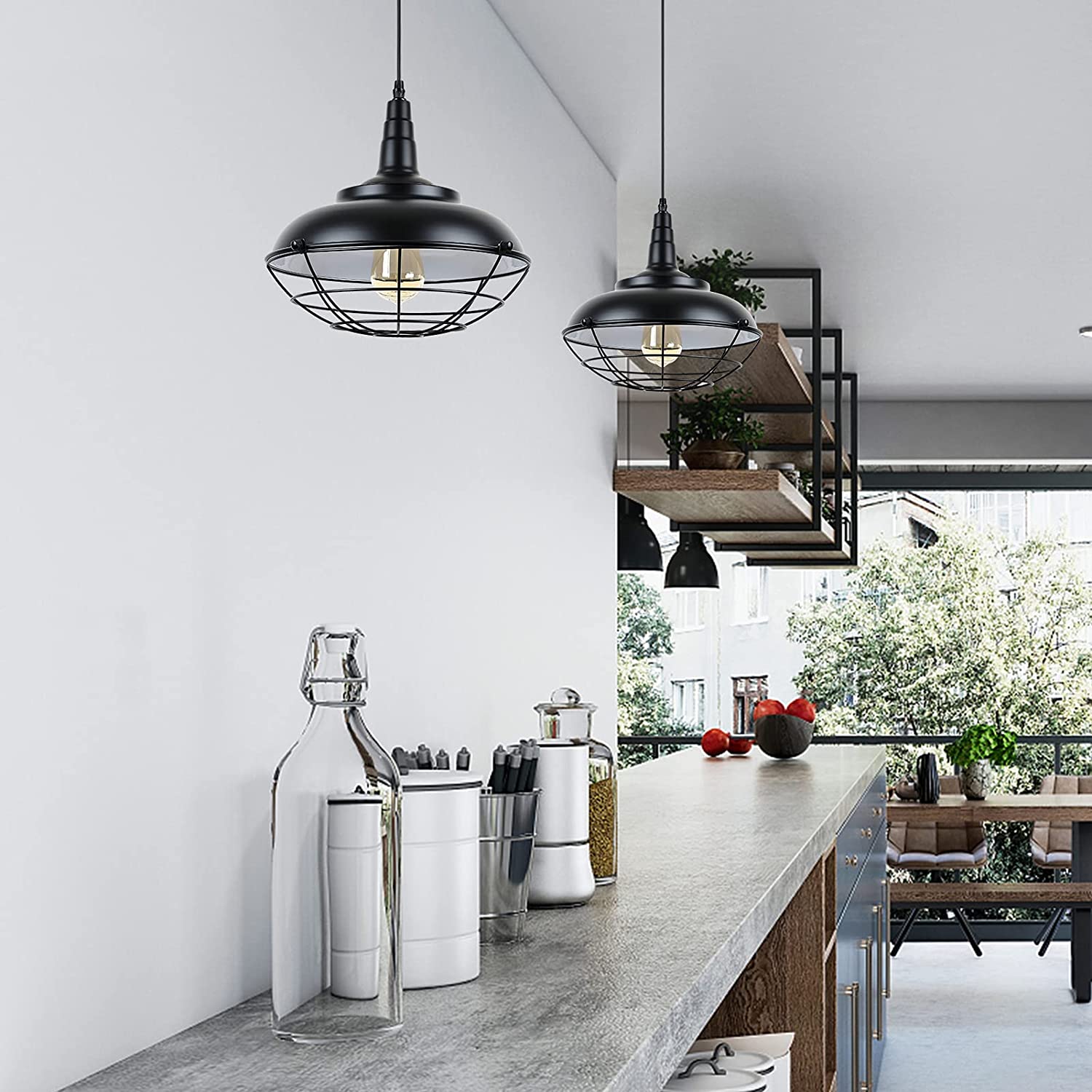 Black plug in pendant light fixture Industrial cage hanging lamp