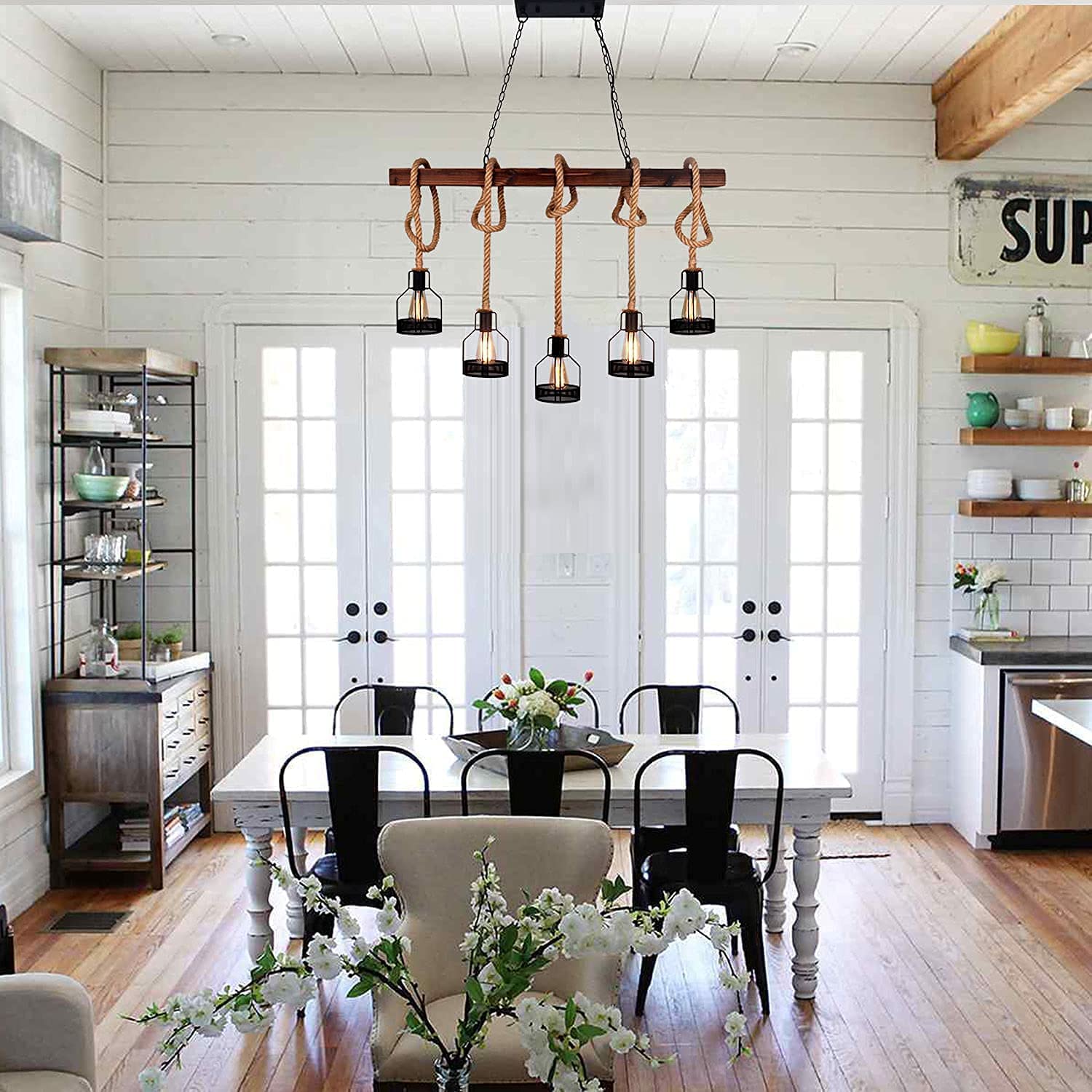 Rust farmhouse pendant light fixture for kitchen vintage 5 light black wood pendant lamp