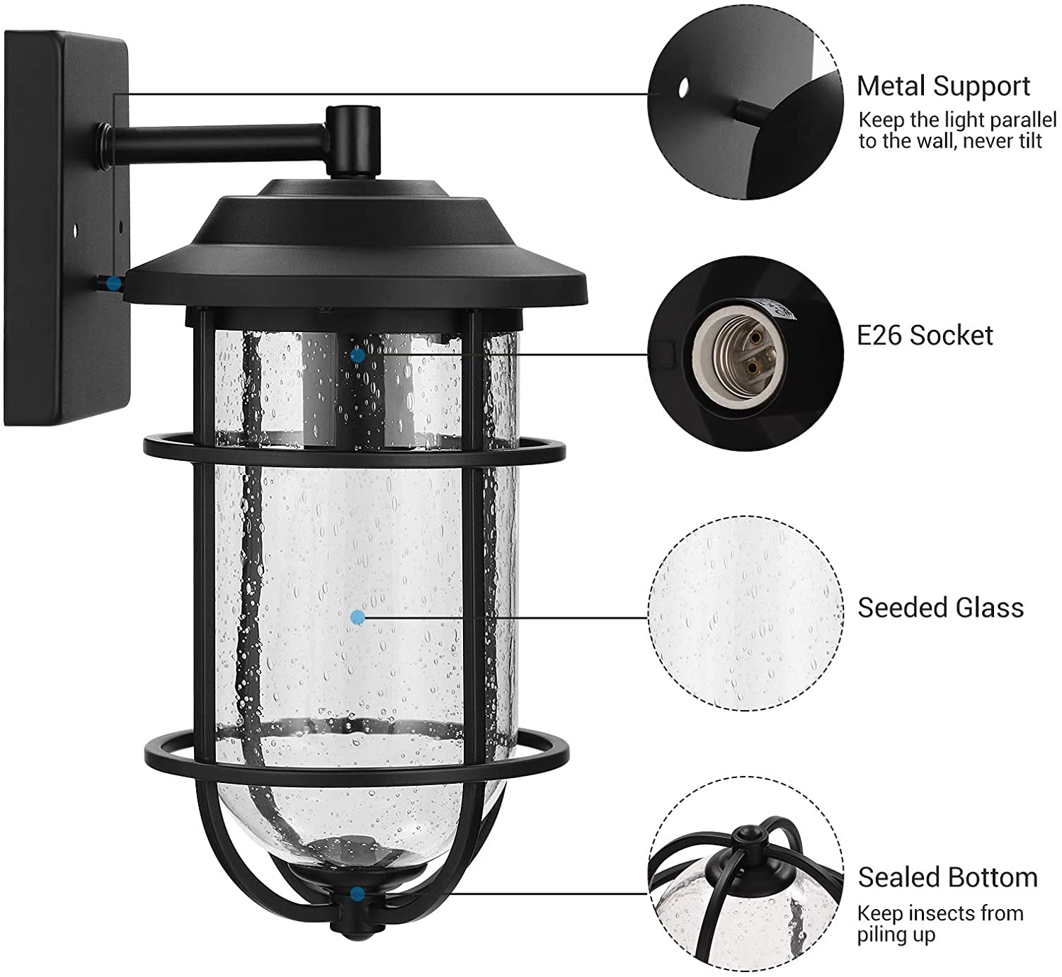 Black exterior light fixtures wall mount outdoor wall lamp with seeded glass