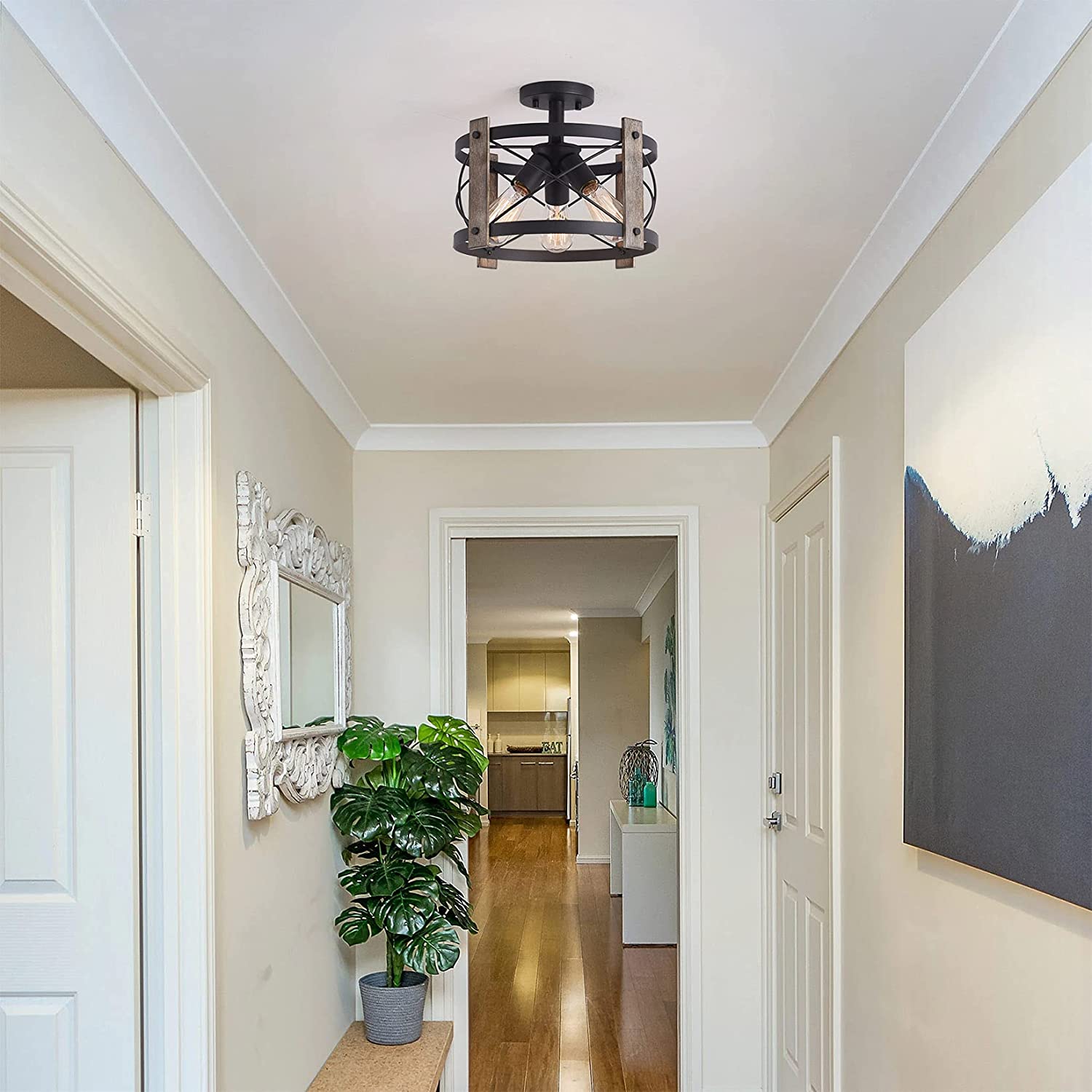3 light farmhouse rustic ceiling light fixture with matte black finish