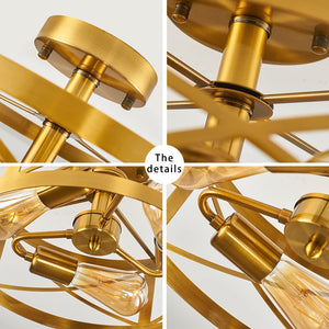 3 light modern semi flush mount ceiling light fixture round cage close to ceiling lamp with brass finish