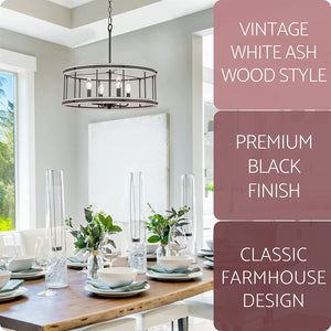 4 light farmhouse chandelier drum pendant light fixture with white wood style and black finish