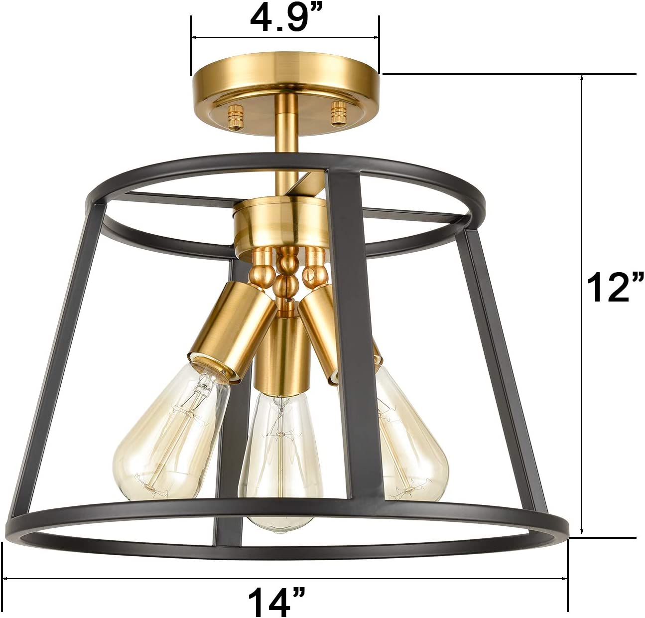 3 light semi flush mount ceiling light cage ceiling lamp with brass and black finish