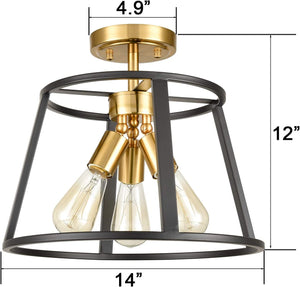 3 light industrial semi flush ceiling light brass and black blacking cage ceiling lighting