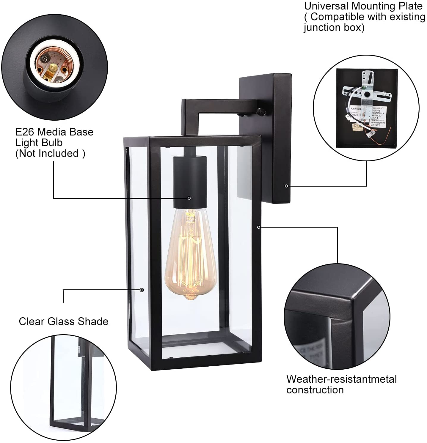 Black Outdoor Wall Lantern fixture exterior wall mout sconce with glass shade