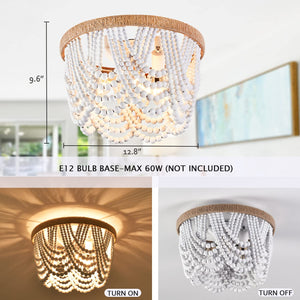 Wood beads Flush Mount Ceiling Light 3 light White Boho Light Fixture