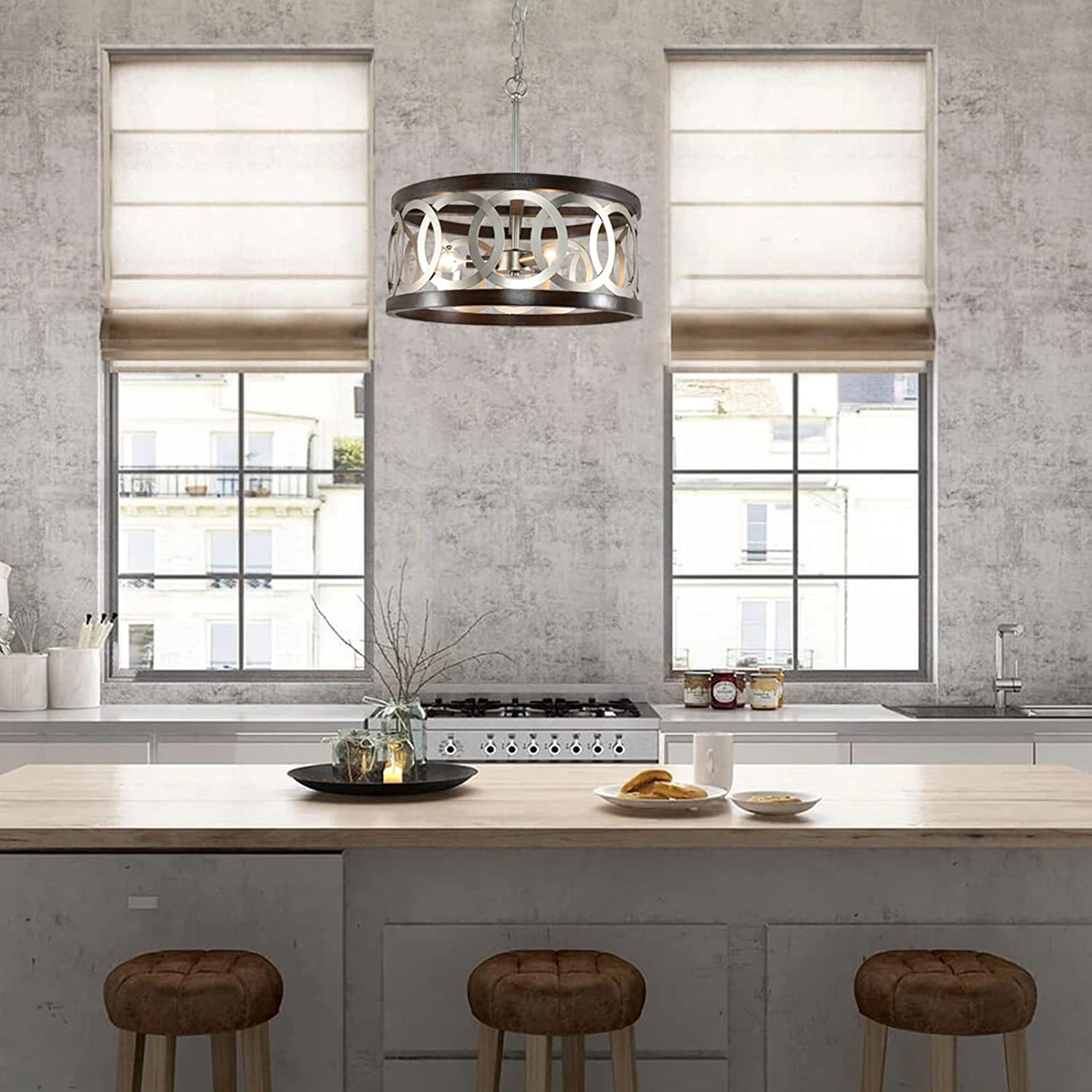 Wood and silver chrome chandelier farmhouse circle hanging pendant lamp