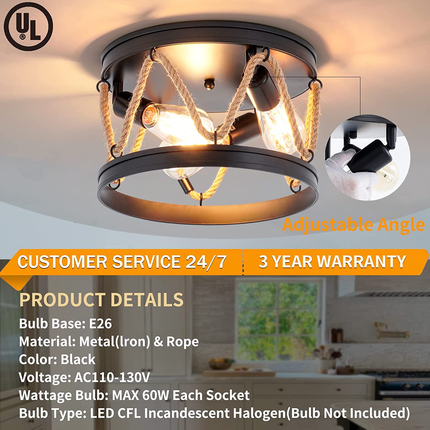 3 light rope ceiling light fixture industrial farmhouse flush mount ceiling light