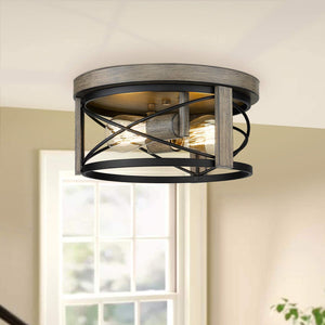 2 light modern flush mount light fixture farmhouse wood cage black ceiling lamp