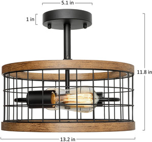 2 light farmhouse light fixture wood cage semi flush mount ceiling light