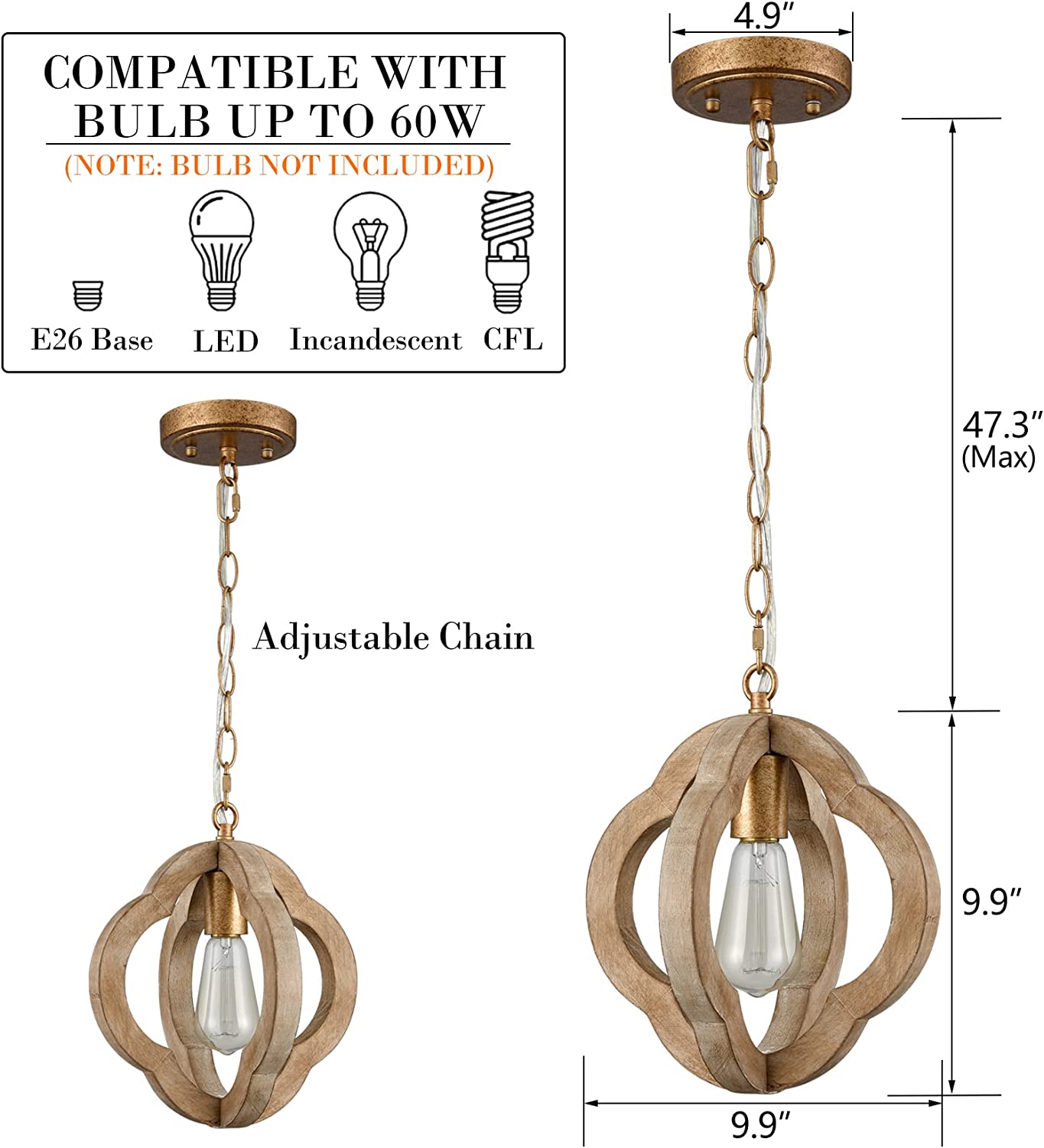 Industrial wood chandelier farmhouse rust pendant light brown wood pendant lamp