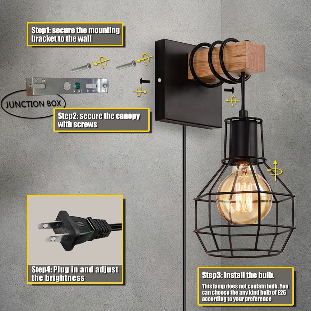 Black wall lamp with plug in cord industrial cage wood wall sconce