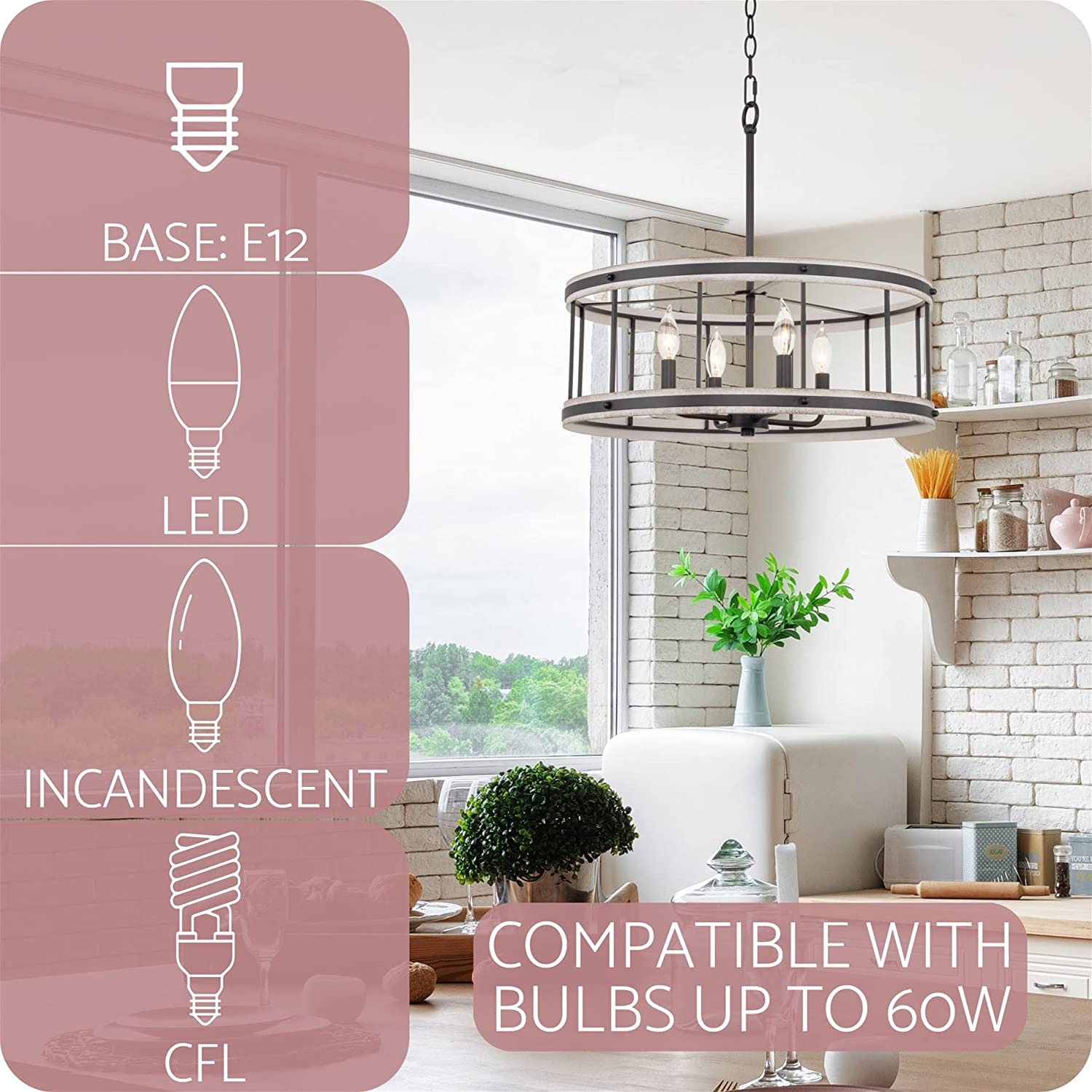 4 light farmhouse chandelier drum pendant light fixture with white wood style and black finish