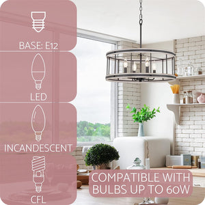 4 light farmhouse chandelier drum pendant light fixture with white wood style and black finish