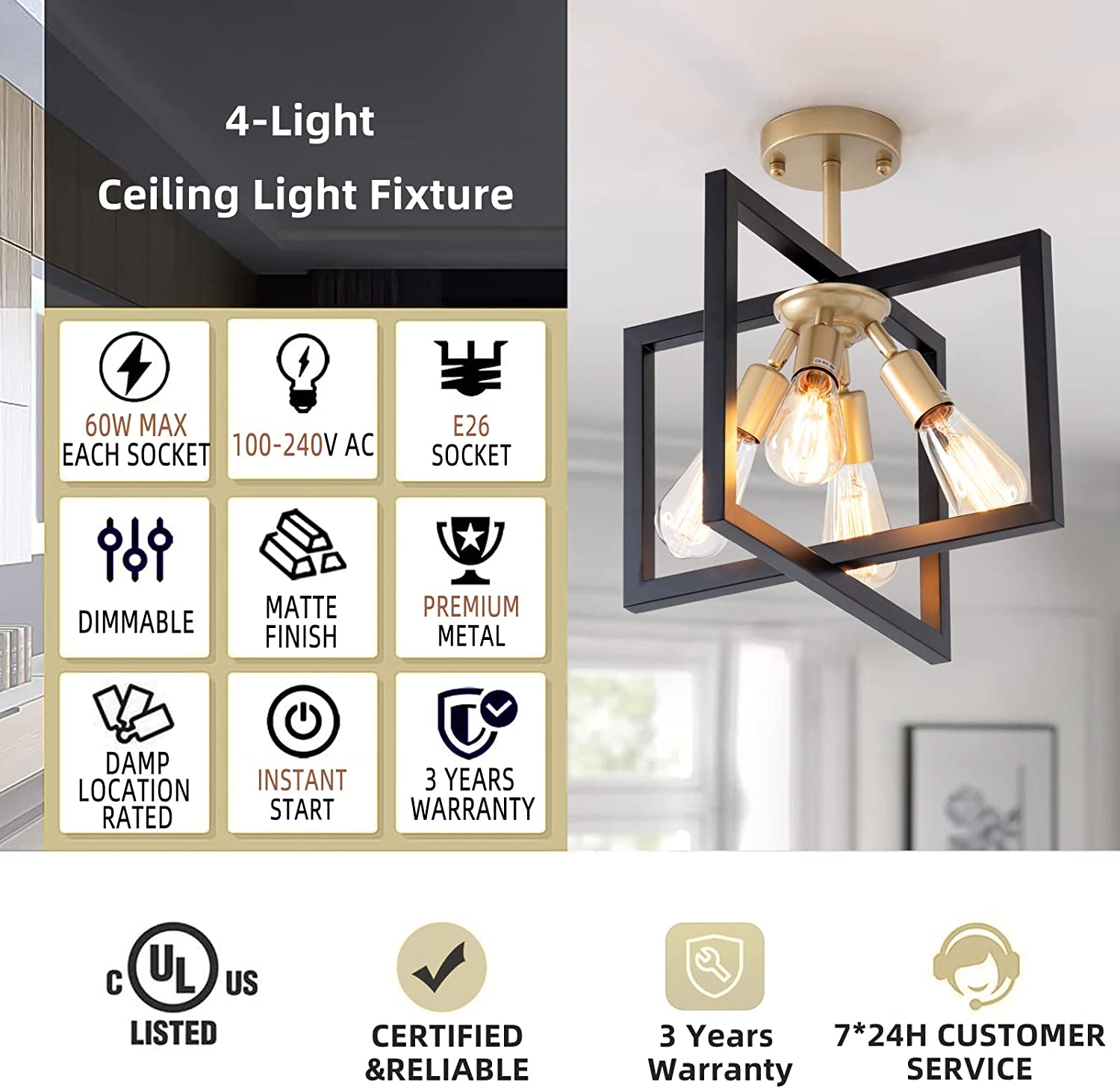 4 light industrial ceiling light fixture black and gold rectangle flush mount lighting fixture