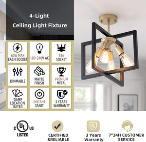 4 light industrial ceiling light fixture black and gold rectangle flush mount lighting fixture
